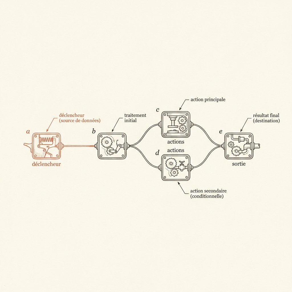 workflow-n8n — Un workflow : déclencheur, actions, sortie.